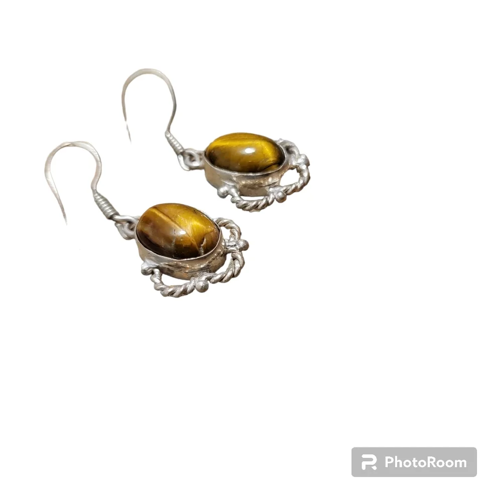 Vintage silver and brown tiger eye stone dangle earrings with earwire cl… - Picture 2 of 4